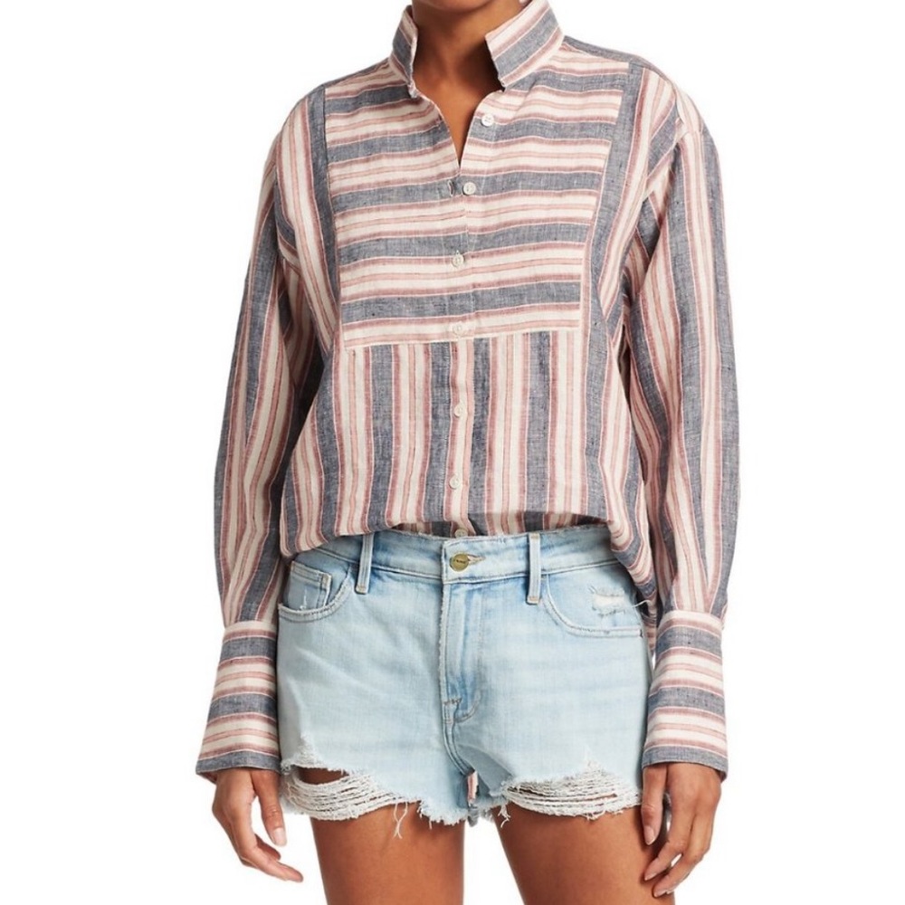 Frame Striped Linen Bib Buttondown Shirt Small - Picture 2 of 7